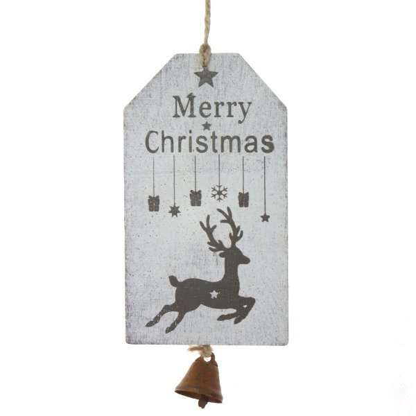 Χριστουγεννιάτικο Κρεμαστό Ξύλινο Ταμπελάκι, Λευκό με Τάρανδο (29cm)